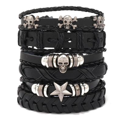 China Retro Full Black Braided 6 Piece Punk Jewelry Skull Fast Delivery Set PU Leather Bracelet For Men for sale