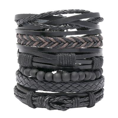 China Fast Delivery Adjustable Black Braided 6 Piece Bracelet Cuff Wrap Set Full Leather Bracelet for sale