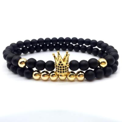 China Fast Delivery 2pc/sets Frosted Black Beads Mansion Copper Bracelet 6mm Disco Crown Charms Couple Bracelets for sale