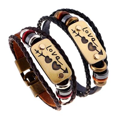 China 2Pcs/Set Valentine's Day Gift Fast Delivery Hot Sale Double Heart Rope Handmade Woven Leather Couple Bracelets Lovers Relations for sale