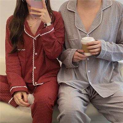 China Autumn New Plaid QUICK DRY Lace Long Sleeve Home Suit Soft Pajamas Lovers Ins can be Used Outdoor Cotton Pajamas for sale