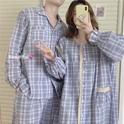 China QUICK DRY Couples Home Use New Fall Plaid Cotton Long Sleeve Nightgown Casual Lace Cardigan Set Loose Nightgown Cotton Pajamas for sale