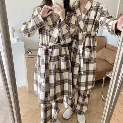 China New QUICK DRY Lovers Long Sleeve Autumn/Winter Long Sleeve Lace Home Robe Bathrobe Two Sets Cotton Thick Loose Pajamas for sale