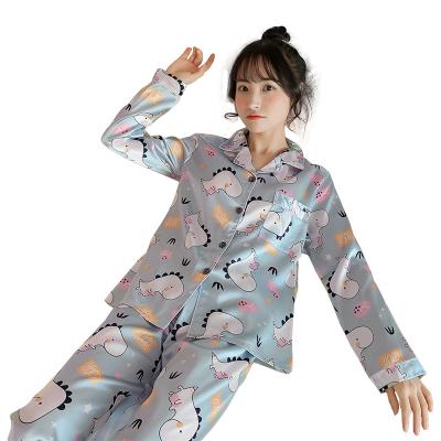 China Top Selling Products QUICK DRY 2021 Summer Milk Silk Sleepwear Skirt Around The Neck Cute Cartoon Printing Women Long Sleeve Sleepwear for sale