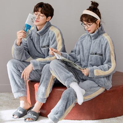 China Hot and beautiful new couples lapel thermal Korean flannel cardigan long sleeve leisure pajamas set home wear for sale