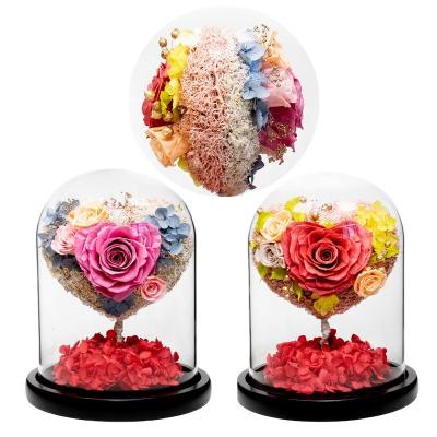 China Real Natural Fresh Heart Shaped Flower Tree Two Sides Rose Prefect Mothers Day Gifts Eternal Preserved Rose In Glass Dome for sale