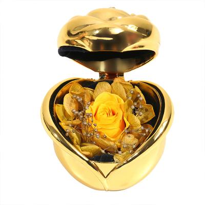 China Beautiful Luxury Romantic Preserved Forever Real Flower Rose Plated Color Metal Ring Box In Box 8.5X8.5X8.2cm for sale