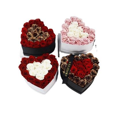 China 2021 New Design Natural Immortal Flowers Real Eternal Stabilized Gold Forever Preserved Eternal Roses For Gift 25.5X25.5X15.5cm for sale