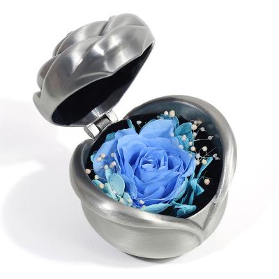 China Wholesale Romantic Silver Blue Dried Artificial Eternity Preserved Flower Plated Forever Metal Ring Box 4.1*4.1*3.5 Color for sale