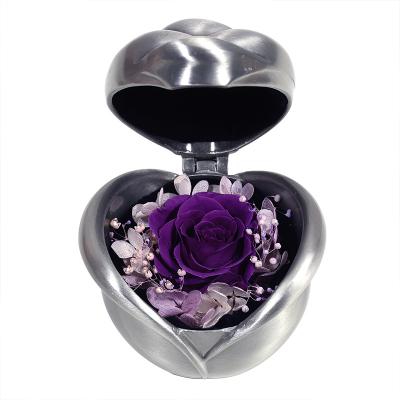 China Silver Purple Anniversary Wedding Favors Gift Long Lasting Eternal Preserved Roses Plated Metal Color Ring Box 8.5X8.5X8.2 cm for sale