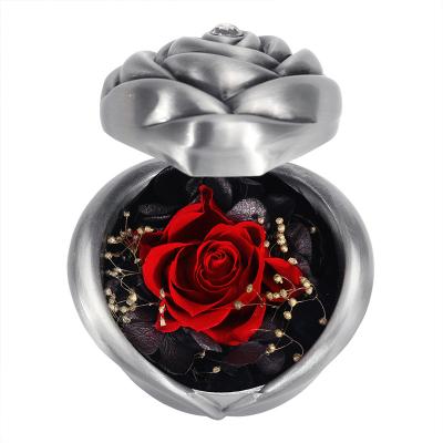 China Silver Red Dried Artificial Eternity Roses Forever Preserved Flowers Plated Color Metal Ring Box 4.1*4.1*3.5 for sale