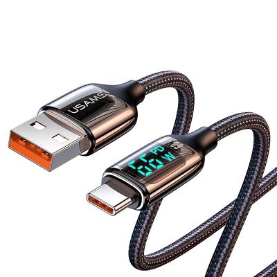 China USAMS SJ544 6A USB-C Mobile Phone Nylon Braided High Current Charging Cable with Digital Display Screen 1.2m for sale