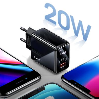 China Support PD 20W USAMS CC133 EU Dual Port Usb C+QC3.0 A PD Digital Display Wall Fast Charger for sale