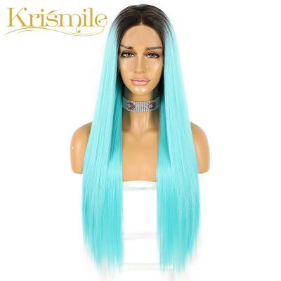 China Luxury Synthetic Front Wig Futura Fiber Straight Glueless Blue Green Ombre Regular Wave Lace Front Wigs For Women Party Daily Clog Queen Cosplay for sale