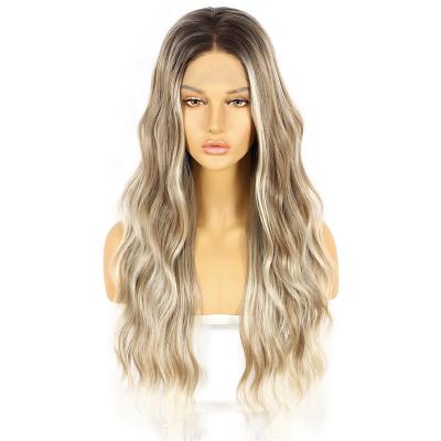 China Wholesale Synthetic Lace Front Wig 13X3 Natural Wave Balayage Mixed Color Ombre Brown Blonde Hair Dark Orange Red Wig For Women Daily Wear for sale