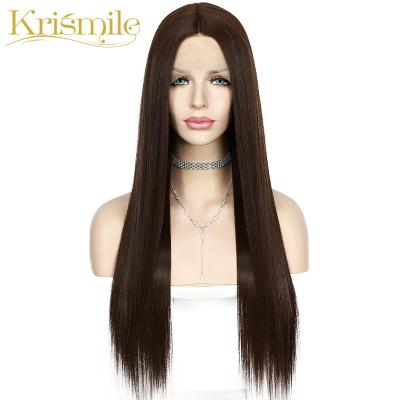 China Long Futura Fiber Lace Natural Straight T-Part Front Synthetic Wig Brown 6# Color For Women Daily Wear Cosplay High Heat Party for sale