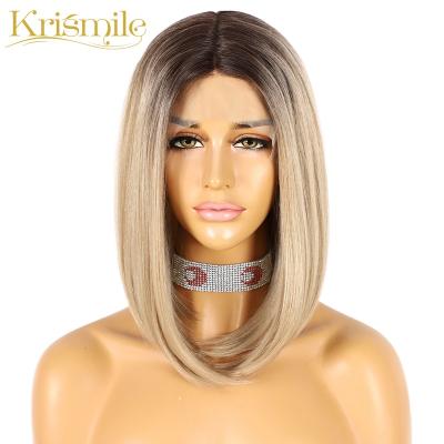 China Krismile Short Straight Synthetic Bob Yaki Lace Front Wigs Ombre Brown For Women Cosplay Fiber Daily Heat Resistant Hair 14inches for sale