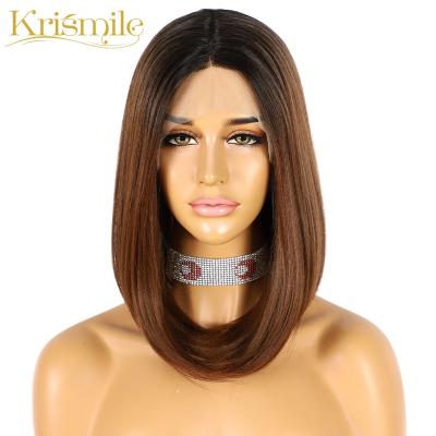 China Krismile Synthetic Short Straight Bob Yaki Lace Front Wigs Ombre Brown For Women Cosplay Summer Daily High Temperature Hair 14inches for sale