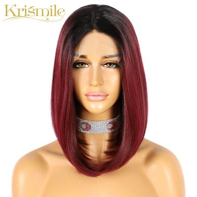 China Krismile Red Synthetic Short Straight Bob Yaki Lace Front Wigs Ombre Burgundy For Women Cosplay Fiber Daily Summer Heat Resistant Hair for sale