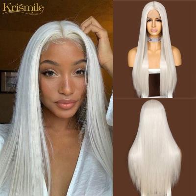 China Medium Straight Krismile T Part Long Glueless Futura Silver Straight Fiber Gray Synthetic Lace Front Wig For Women High Heat Daily for sale