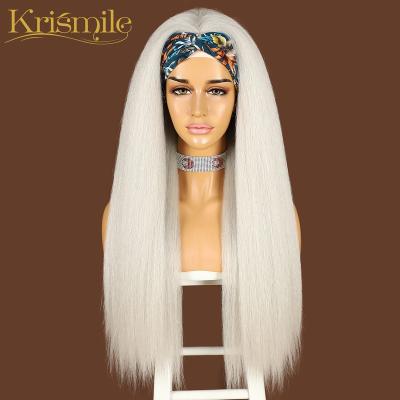 China Long Silver Gray Fluffy Straight Wave Yaki Headband 60# Wig Party Holiday Silky Straight No Gel Glueless Wig For Black Women With 2 Free Bands for sale