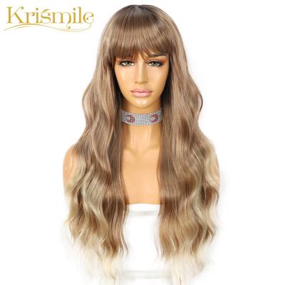 China Long Straight Deep Wave Blonde Ombre Machine Made Wig With Bangs Fiber Cosplay Wig Heat Resistant Hair Simulated Scalp Part For Women for sale