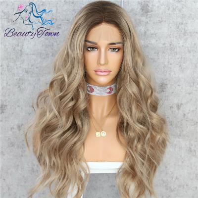 China Lvcheryl Synthetic Lace Front Wigs Light Brown Roots Regular Wave Natural Wavy Heat Resistant Hair Blonde Color Long For Women Daily Wear for sale