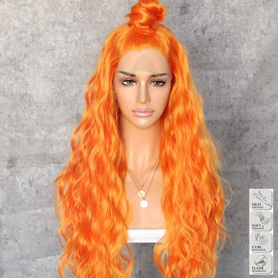 China Body Wave Orange Color Natural Wave Hand Tied Synthetic Lace Front Wigs Cosplay Women's Valentine's Day Wedding Party Current Daily Makeup for sale