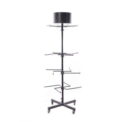 China Supermarket Kitchen Metal Stocked Wire Rolled Cookware Multi Tiers Pan Holder Display Stand Peg Hook Rack Hanging Spinning for sale