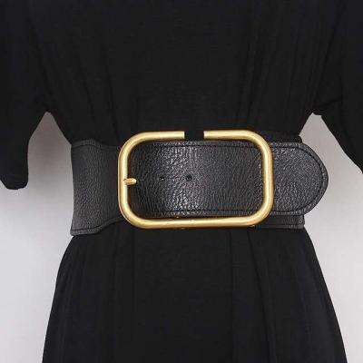 China Custom New Fashion High Quality Elastic Gold Buckle Black PU Leather Wide Women's Belts For Dress for sale