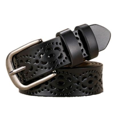 China Unique High Quality Wholesale Black Cavity Exotic Soft Genuine Leather Waist Belt New Adjustable Design With Buckle Woman for sale