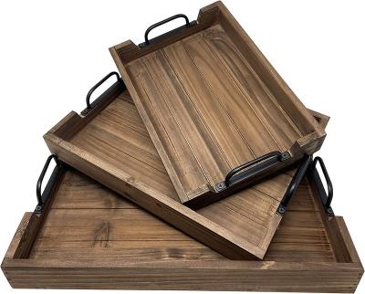 China Vintage Decorative Nested Viable Tray Set For Coffee Table Wooden Serving Or Ottoman Of 3 Pieces Rustic Wooden Breakfast Trays For Kitchen for sale