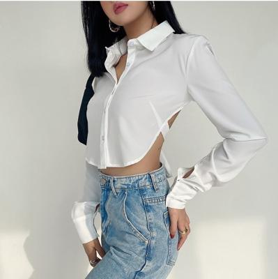 China custom made Anti-wrinkle shirt women bare back with short shirt sexy back with long sleeves and lapel shirt sheer color top for sale