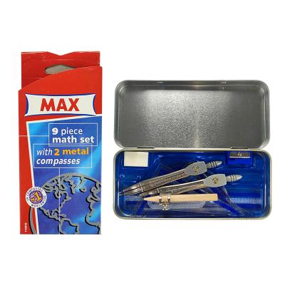 China School Bangladesh Customize 9 Pcs Max Metal Compass Math Instruments Set Plastic Compass Ruler Iron Box Set for sale