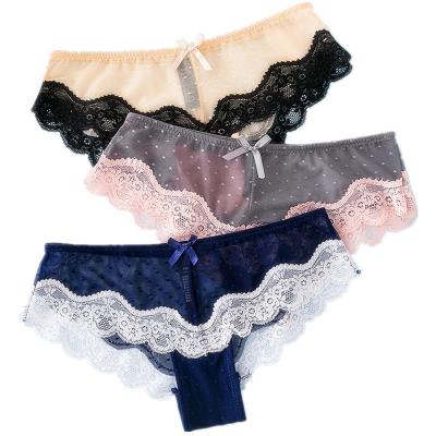 China Sexy Women's Viable Lace Sexy Women's Panties Low Wire Bowknot Sexy Lingerie Net Dot Lingerie Briefs Transparent Package Buttocks For Adults for sale