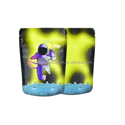 China Disposable 3.5 Gram Mylar Bag Custom Printed Designer Smell Proof Baggies With Zipper Astronaut Yellow for sale