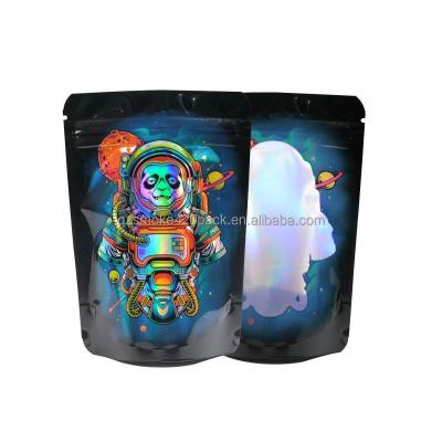 China Disposable Mylar Bag Printed Design 3.5 Gram Hologram Smell Proof Bag Custom Space Panda Green for sale