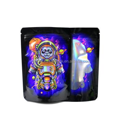 China Disposable Resealable Mylar Bags 3.5 g Custom Design Clear Window Ziplock Baggies Holographic Space Panda for sale