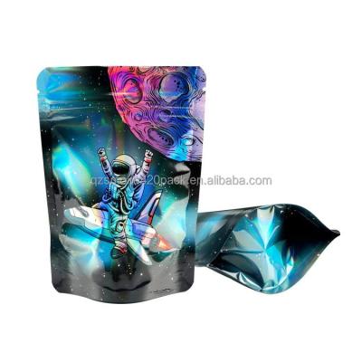 China Disposable Ready To Ship Glossy Foil Custom Printed Holographic Barrier Mylar Bags Smell Proof Packaging Resealable Astronaut 3.5g Baggies for sale