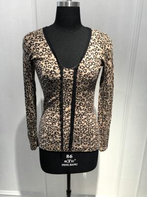 China Anti Shrink Leopard Print Pullover Sweater , Women Low Deep V Neck T Shirts for sale