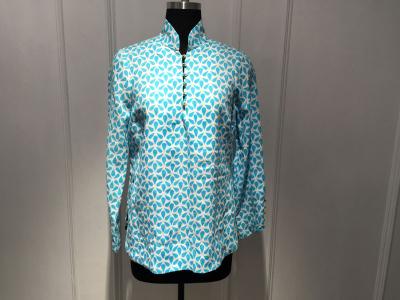 China Silk Printed Loose Ladies Tops Blouses Long Sleeve Stand Collar with Special Buttons for sale