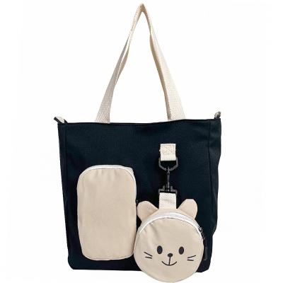 China Authum New PORTABLE Canvas Tote Bag For Women Kitten Pendant Lager Capacity Cute Women Handbag for sale