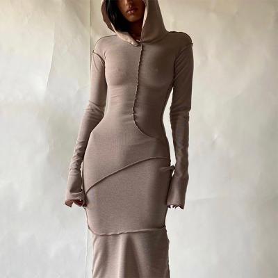 China Y053# Solid Color Sleeve Bodycon Dresses Anti-Static Anti-Static Hooded Korean Women Maxi Dresses Long Liner Casual Dress Women Maxis for sale