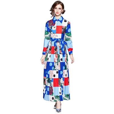 China Y437# Anti-Static Turn-Down Anti-Static Collar Long Sleeve Shirt Long Pleated Fashion Printed Custom Wholesale Cheap Casual Dress for sale