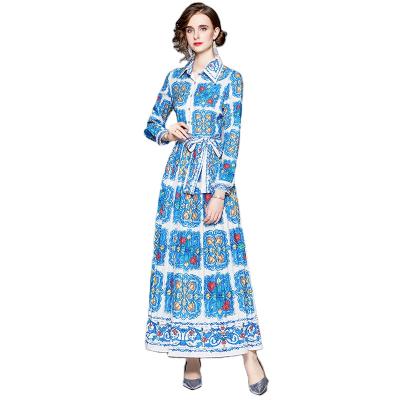 China New Arrivals Antistatic Lapel Y448# Long Sleeve Anti-Static Shirt Pleated Skirt Printed Fashion Maxi Dress Woman for sale