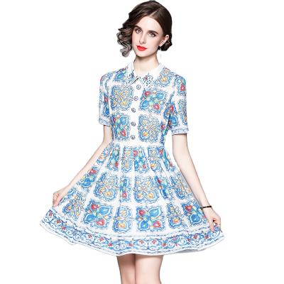 China Y452# Retro Lapel Anti-Static Contrast Printing Women's Dress Summer Diamond White Casual Short Sleeve Single Breasted Dress Anti-Static for sale