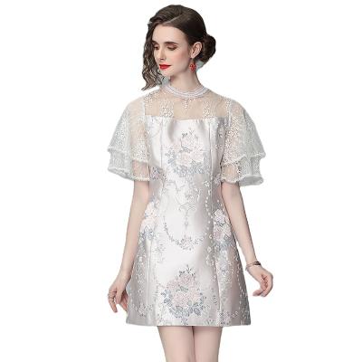 China Y453# Anti-Static Lace Up Embroidery Satin Anti-Static Jacquard Fashion Quilting Slim Dress for sale