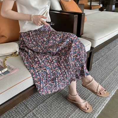 China Retro A Line Chiffon Midi Skirt Pleated Women Plus Boho Edge Boho A Length Student Skirt Mid Waist Skirt Ladies Plus Size Y159# Elastic Floral Large for sale