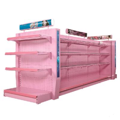 China Plain Back Panel Gondola Supermarket Metal Single Side Single Sided Side Shelf With Glass Shelf Layers for sale