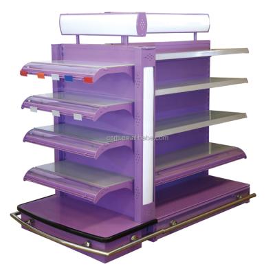 China RH-HSXH05 double-sided double-sided cosmetic shelf with lighting and glass shelf, cosmetic shelf rack for sale